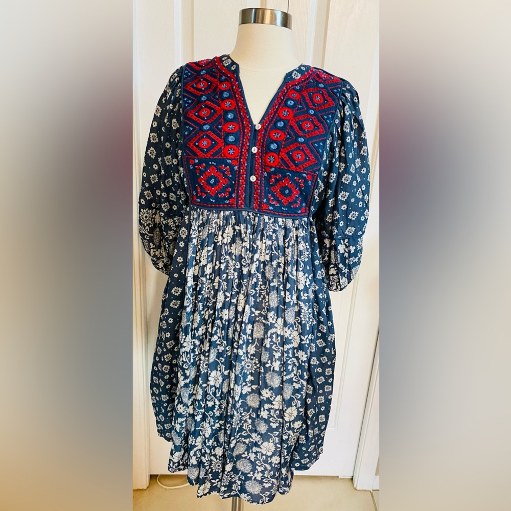 Sundance Layna Embroidered Boho Dress PM Blue Floral Southwest Pockets
